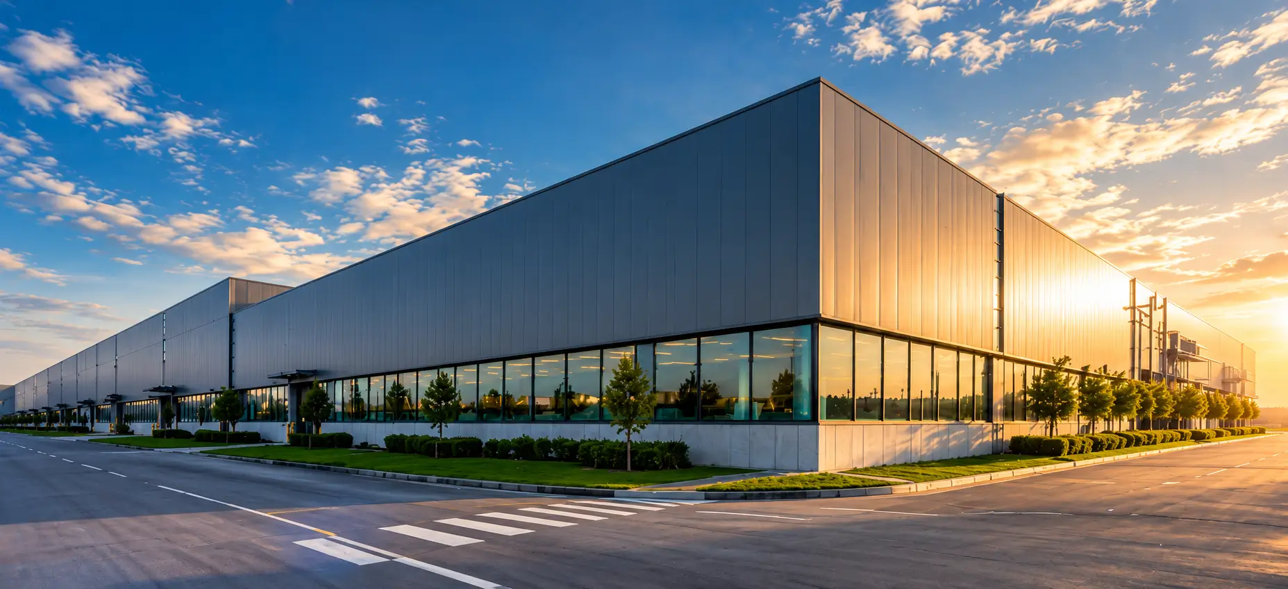 Fachada moderna dos galpões logísticos e industriais da EZLAN